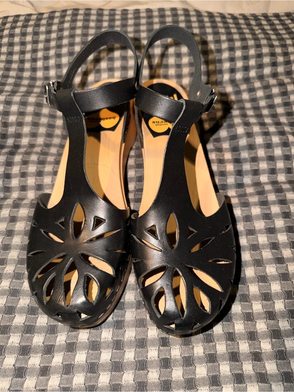 Swedish Hasbeens Black Floral Cutout T-Strap Sandals